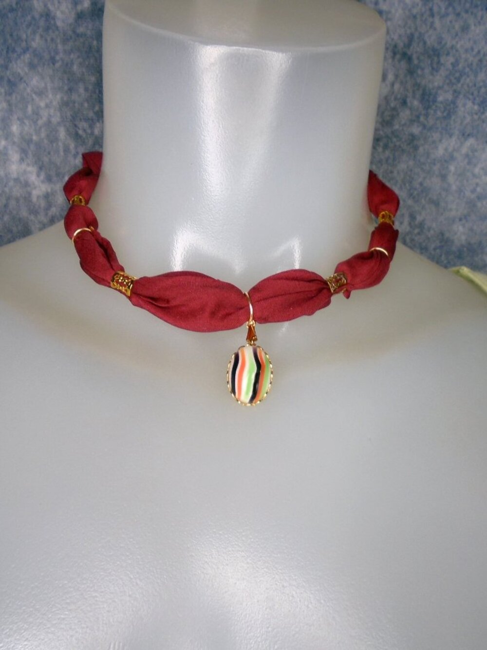 Scarf Choker Necklace with Vintage Glass Cabochon is OOAK - Picture 5 of 9